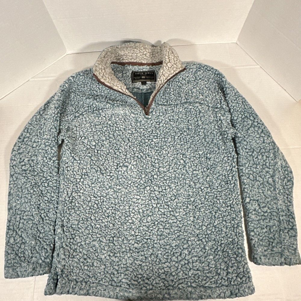 True Grit Vintage Blue Sherpa Fleece 1/4‎ Zip Frosty Tip Pullover Jacket SMALL